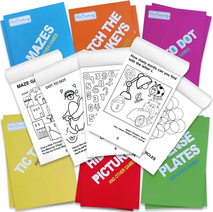 Mini Activity Books for Kids - Set of 12-30 Paged Assorted Workbook Pads - Fun Road Trip Travel Games and Activities - Educational Party Favors and Stocking Stuffers for Boys and Girls
