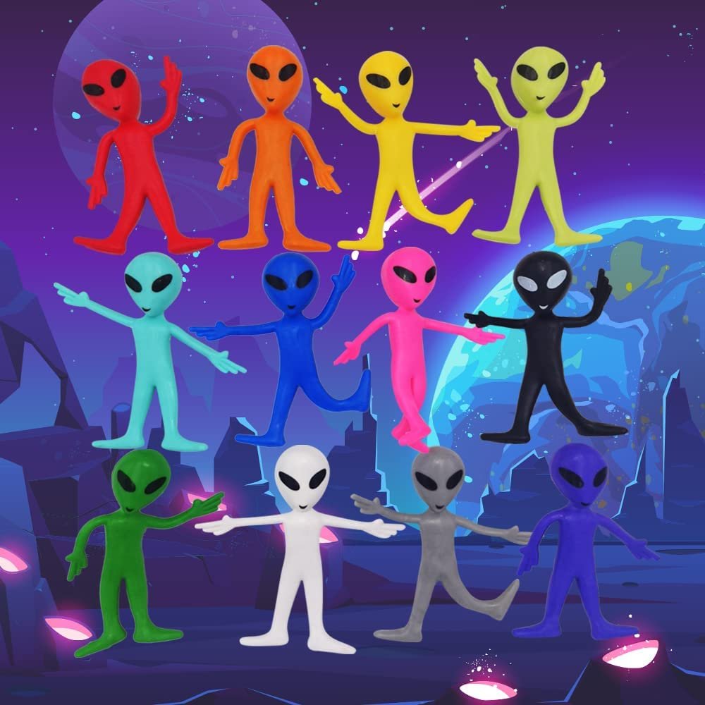 Bendable Alien Figures, Set of 12, Bendable Alien Toys for Kids, Alien Party Favors for Boys and Girls, Stress Relief Fidget Toys for Kids, Goodie Bag Stuffers, and Pinata Fillers