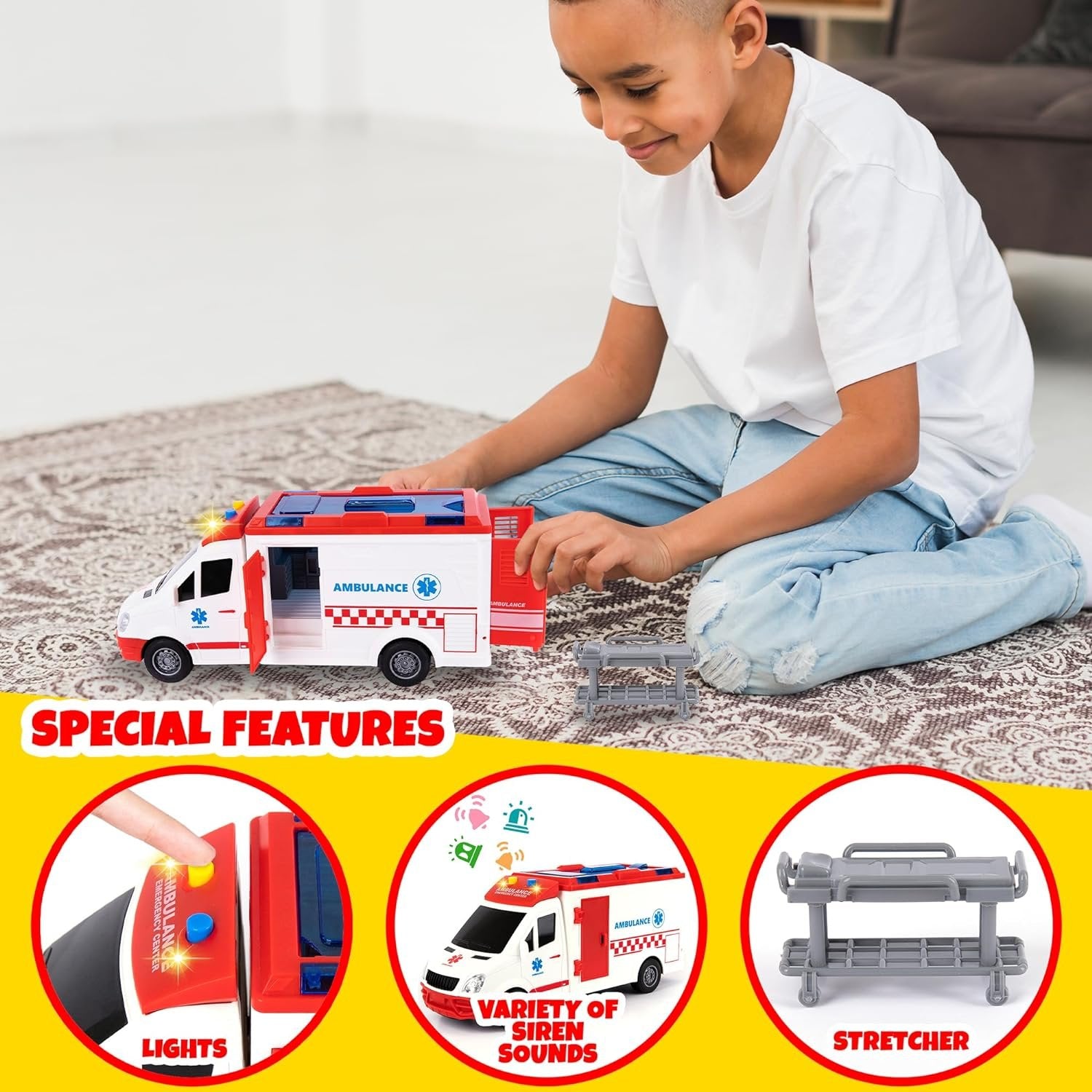 Ambulance Toy Truck for Kids 3,4,5,6,7,8, Lights & Siren, Friction-Powered 1/16 Scale Rescue Toy Ambulance, Emergency Vehicle Toys with Removable Stretcher, Doors Open for Immersive Imagination