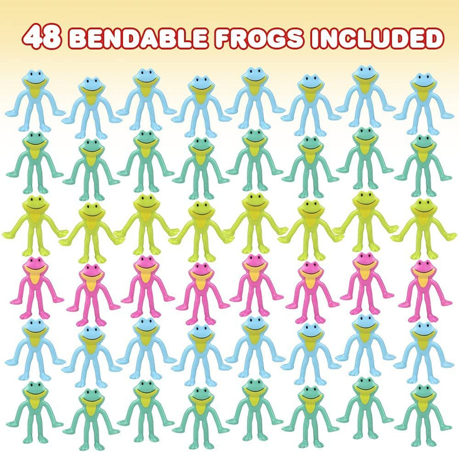 Mini Bendable Frog Assortment, Set of 48 Flexible Figures in Assorted Colors, Birthday Party Favors for Boys & Girls, Stress Relief Fidget Toys, Goody Bag Fillers for Kids
