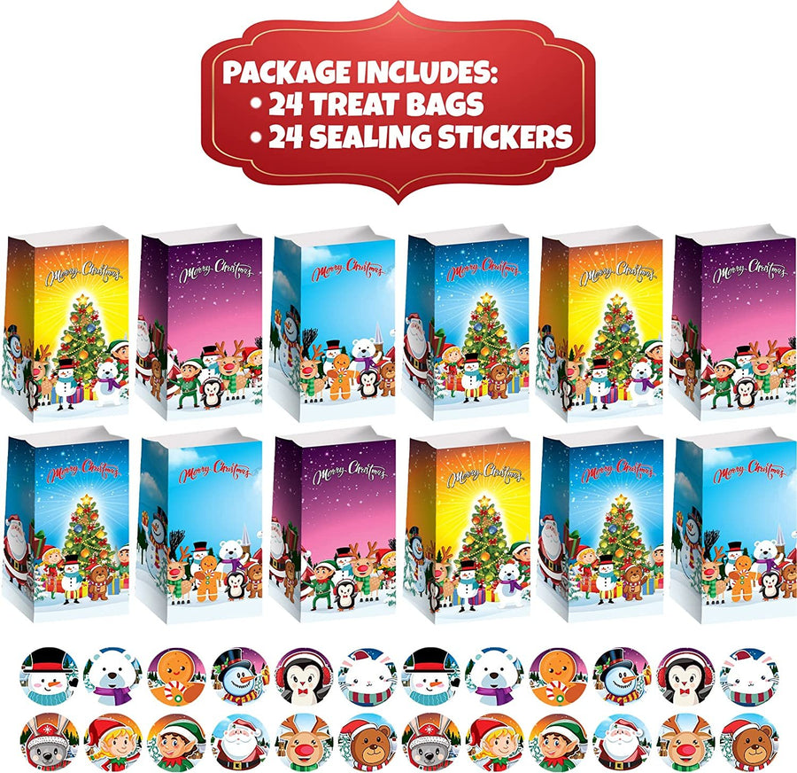 Christmas Treat Bags, Set of 24 Paper Bags and 24 Stickers, 10" Christmas Candy Bags with Sealing Stickers, Christmas Goodie Bags for Sweets, Toys, Gifts, and More