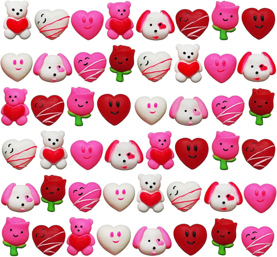 Mini Valentines Day Squishy Toys, 12 Cute Designs, Stress Relief Toys - Set of 48