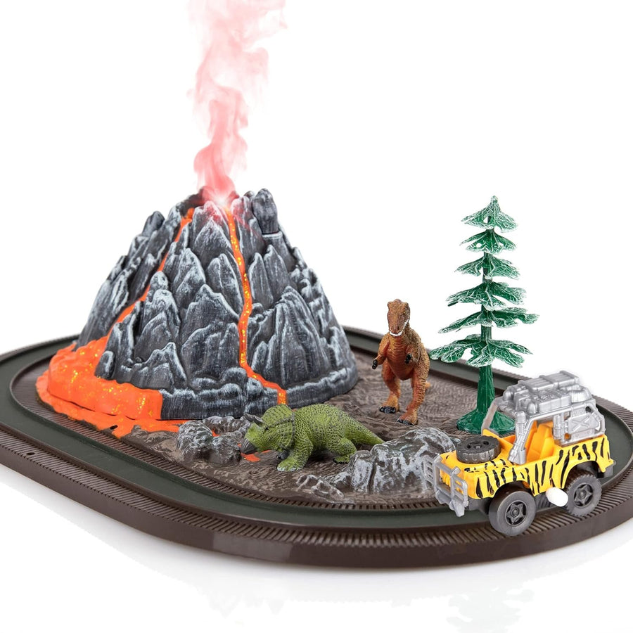 Volcano Dinosaur Playset for Kids, Mist Spouting Volcano Play Set, Dinosaur Toys for Boys, Volcano Science Kit, Volcano Toy Set with Simulated Volcanic Eruptions, Sounds, Wind-up Truck