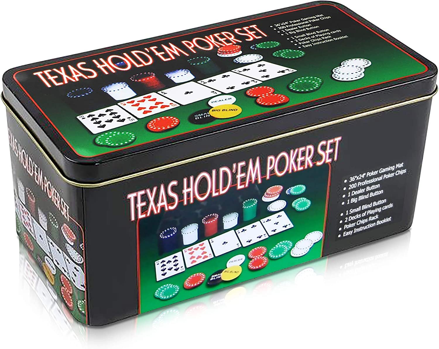 Gamie Texas Holdem Poker Game Set - Includes Hold’em Mat, 2 Card Decks, Chips, Chip Holder and Tin Storage Box - Fun Game Night Supplies - Cool Casino Gift for Kids and Adults