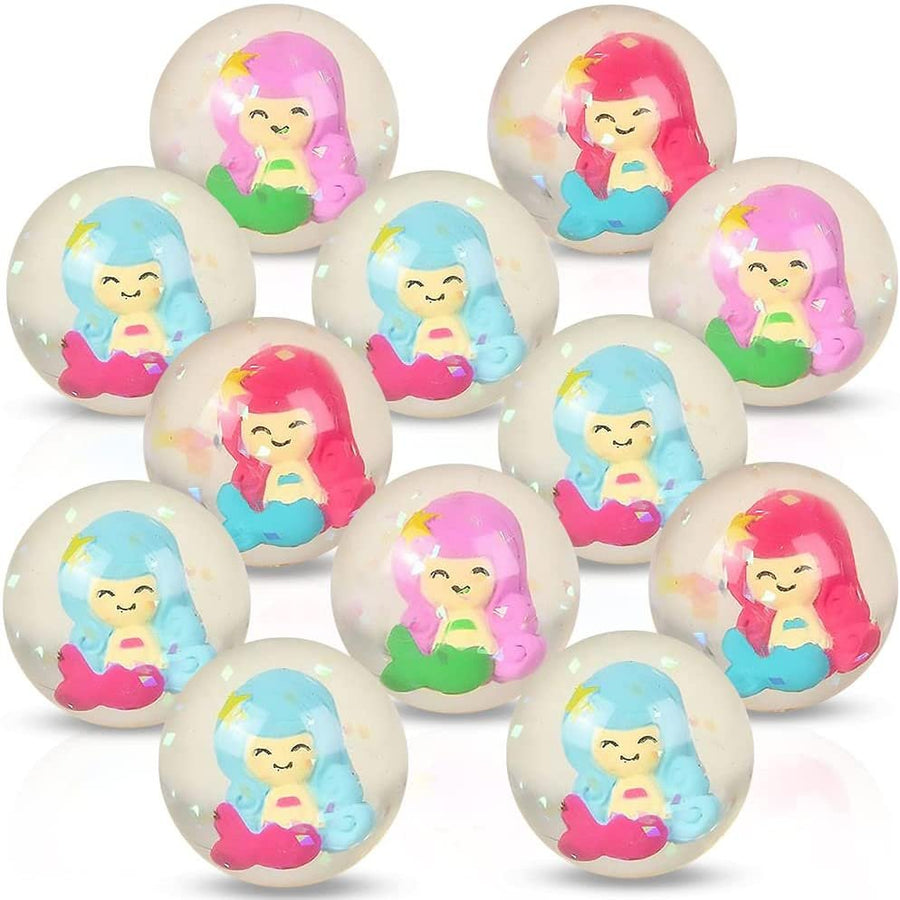 Mermaid High Bounce Balls, Set of 12, Balls for Kids with 3D Mermaid Character Inside, Outdoor Toys for Encouraging Active Play, Mermaid Party Favors and Pinata Stuffers for Boys & Girls