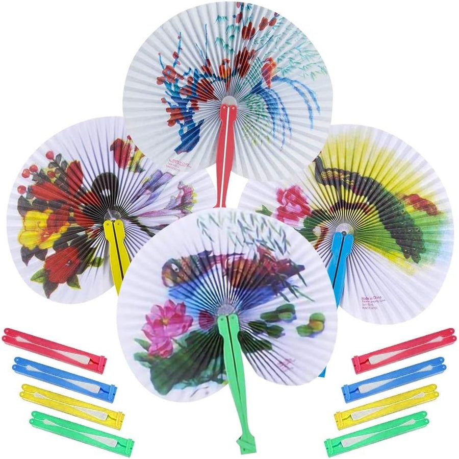 10" Handheld Folding Fans, Pack of 12 White Foldable Fans with Assorted Designs & Colorful Plastic Handles, Goodie Bag Filler, Party Favors & Supplies, Fun Novelties & Gifts for Kids