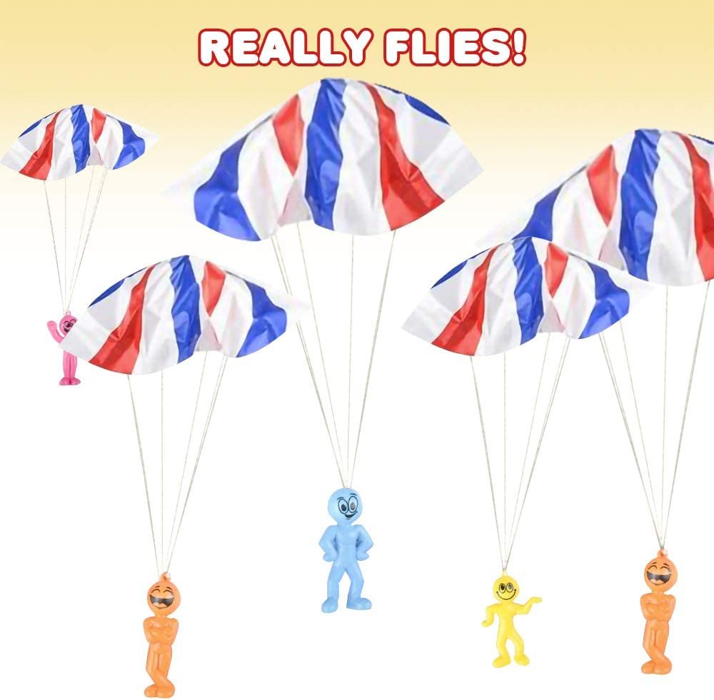 Mini Paratroopers with Parachutes, Bulk Pack of 36, Parachute Smile Figurines in Assorted Colors, Durable Plastic Guys Playset, Fun Parachute Party Favors, Goodie Bag Fillers for Kids