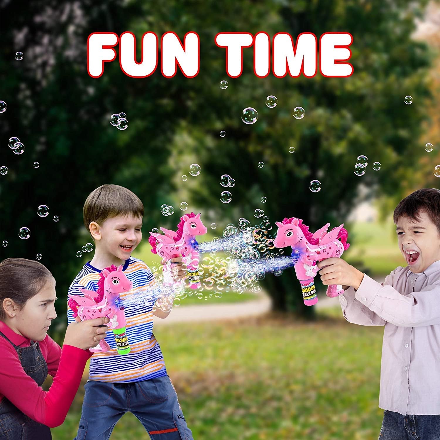 Pink Unicorn Bubble Blaster with Light and Sound, Includes 1 Bubble Gun & 2 Bottles of Bubble Solution, Fun Summer Toy for Girls and Boys