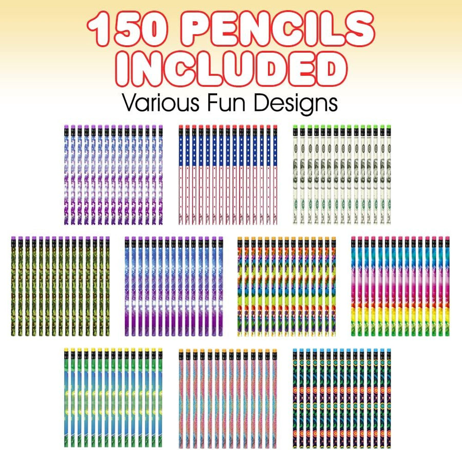 150 PC Pencil Assortment for Kids, Fun Assorted Number 2 Pencils, Bulk Wooden Writing Pencils with Erasers, Teacher Supplies for Classroom, Student Reward, Stationery Party Favors