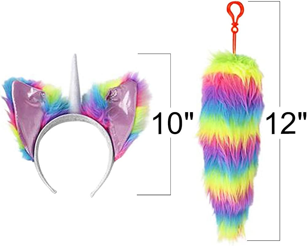 Unicorn Headband & Tail Set for Kids, Includes Furry Ear Headband and Rainbow Clip-On-Tail, Cute Unicorn Costume Accessories for Children and Adults, Unicorn Gifts for Girls and Boys…