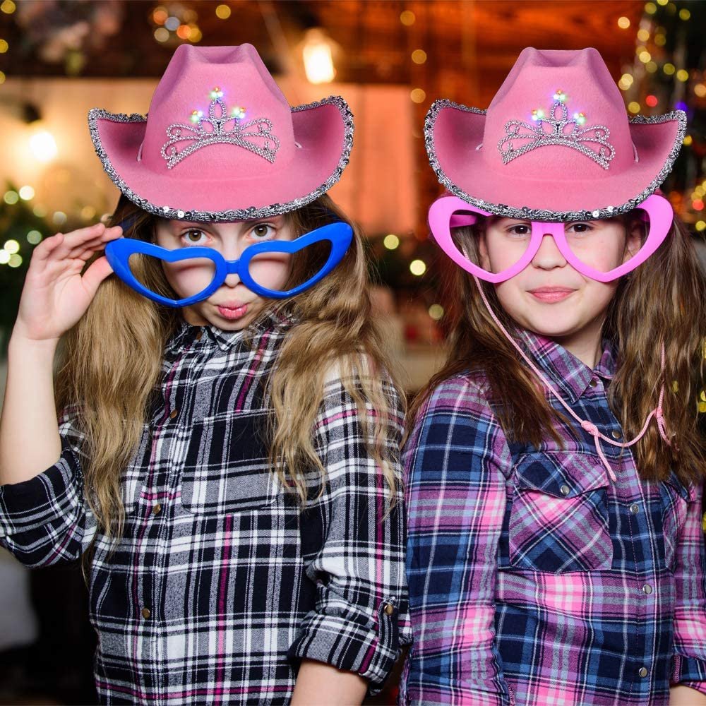 Light-Up Pink Cowboy Hat for Girls - Sparkly Cowgirl Hat with Sequins and a Dazzling LED Tiara - Cute Cowgirl Birthday Party Hat for Girls - Fun Shiny Cowgirl Costume Accessory