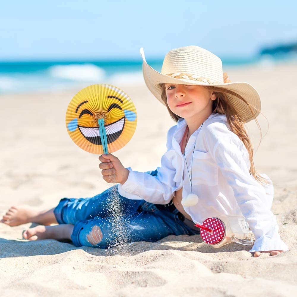 Emoticon Handheld Folding Fans for Kids, Pack of 12, Assorted Emoticons, 10" Foldable Fans for Boys and Girls, Emoticon Birthday Party Favors and Supplies, Cute Goodie Bag Fillers