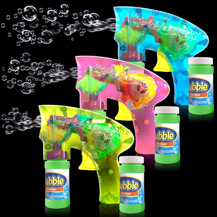 Friction Powered Light Up Bubble Blaster Gun Set - Set of 3 - Includes 3 LED Bubbles Guns and 6 Bottles of Bubble Fluid - No Batteries Needed - Outdoor, Indoor Fun - Gift Idea, Party