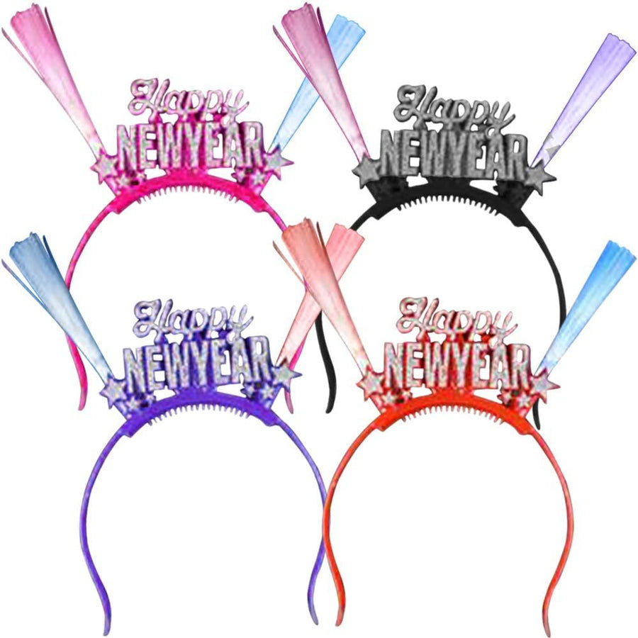 Light Up Happy New Year Headbands, Set of 4, New Year’s Eve Accessories in Assorted Colors, Great as New Year Photo Props, LED Party Favors for Holiday Celebrations