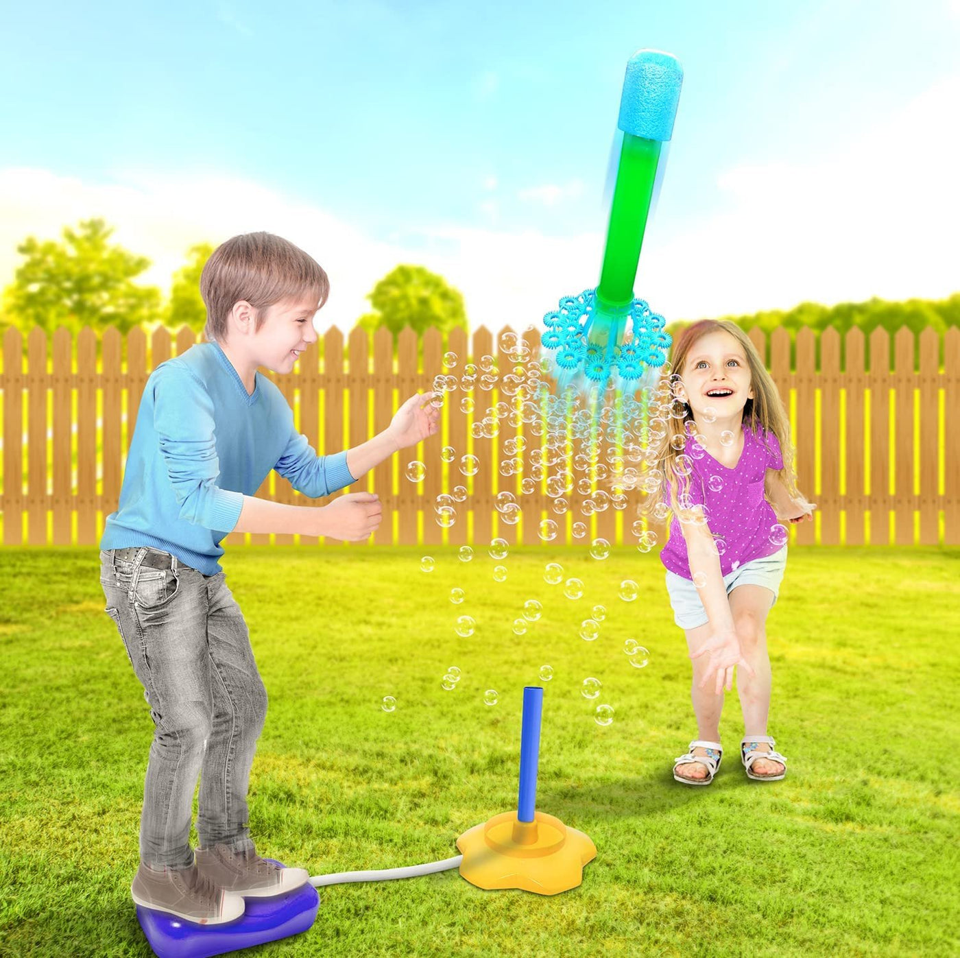 Bubble Rocket Launcher Toy Set, Includes 2 Bubble Rockets, Bubble Solution, Pump, and Base, Flying Bubble Blaster Rockets for Hours of Outdoor Fun, Bubble Maker Gift for Kids