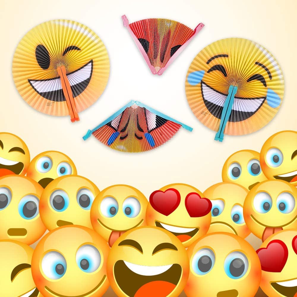 Emoticon Handheld Folding Fans for Kids, Pack of 12, Assorted Emoticons, 10" Foldable Fans for Boys and Girls, Emoticon Birthday Party Favors and Supplies, Cute Goodie Bag Fillers