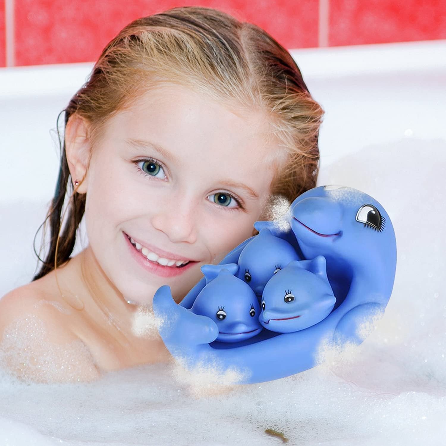 Floating Dolphin Bath Play Set - 4 Piece Fun Water Bathtub Toys for Kids - Non Toxic Playing Kit for Tub, Pool, Beach - Great Gift Idea for Boys, Girls, Toddlers, Babies - Blue