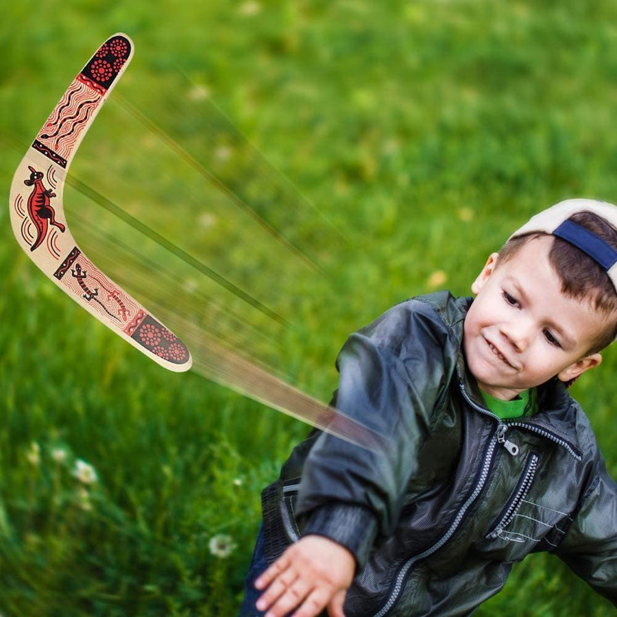 Wooden Boomerang, Set of 2, Classic Returning Boomerang for Kids with Colorful Artwork, Boomerangs for Adults Fun Outdoor Toys for Camping, Backyard, Picnic - Colors May Vary