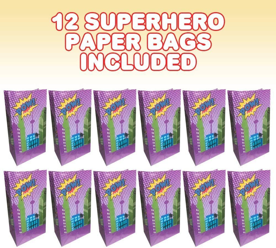 Superhero Party Favor Bags, Pack of 12, Super Hero Goodie Gift Paper Bags, Durable Treat Bags, Party Supplies and Favors for Birthday, Baby Shower, Holiday Goodies