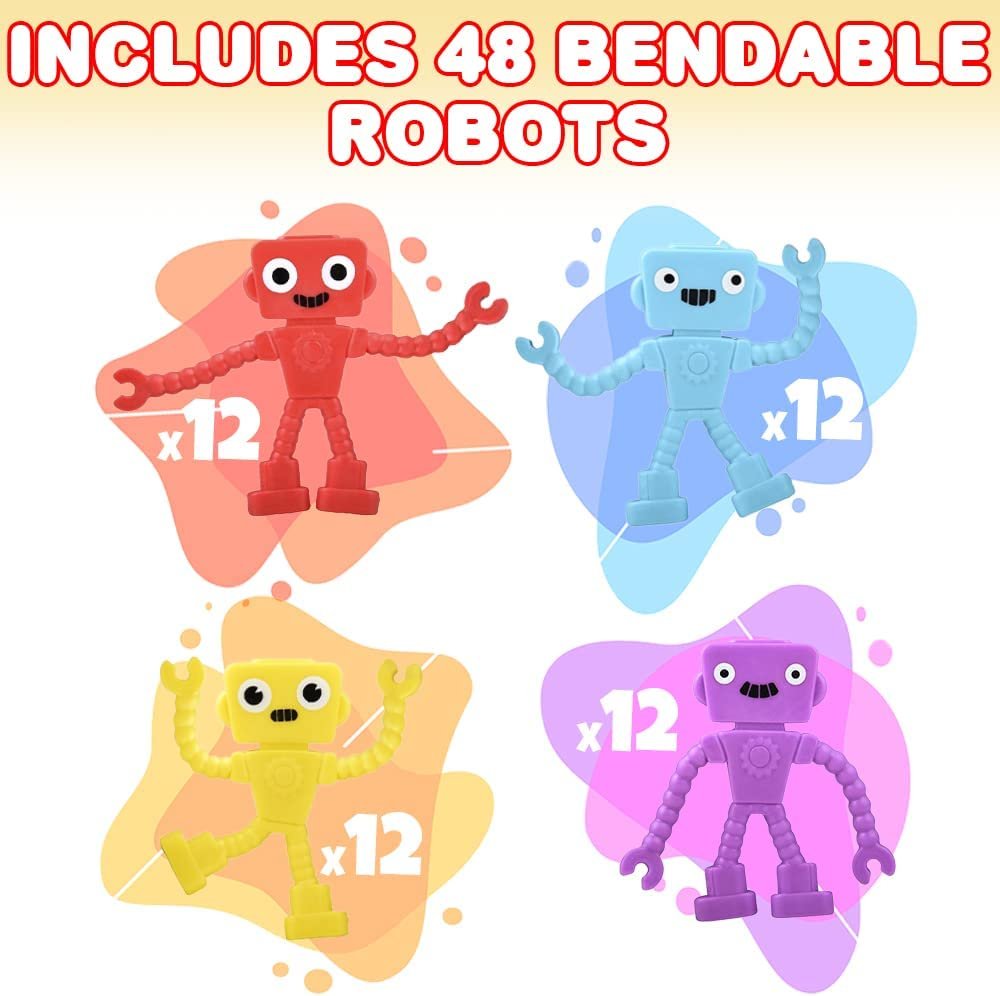 Mini Bendable Robots, Set of 48, Small Robot Toys for Kids in 4 Vibrant Colors, Robot Fidget Toys for Boys and Girls, Great as Anxiety Relief Toys, Pinata Stuffers, and Classroom Prizes