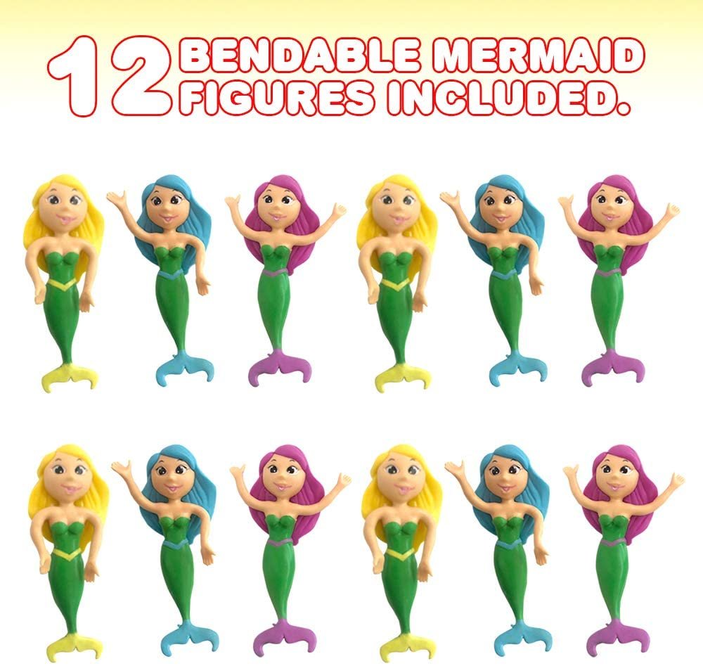 Bendable Mermaid Figures, Set of 12 Flexible Magical Figurines, Stress Relief Fidget Toys for Kids, Birthday Party Favors, Goodie Bag Stuffers, Piñata Fillers for Boys and Girls