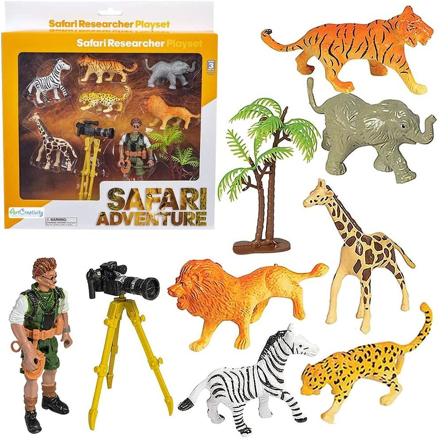 Safari Researcher Pretend Play Set for Kids, Toy Set with Explorer Figurine, Camera, Tripod, Play Mat, Tree, and 6 Animal Figures, Safari Cake Topper, Best Birthday Gift for Boys & Girls