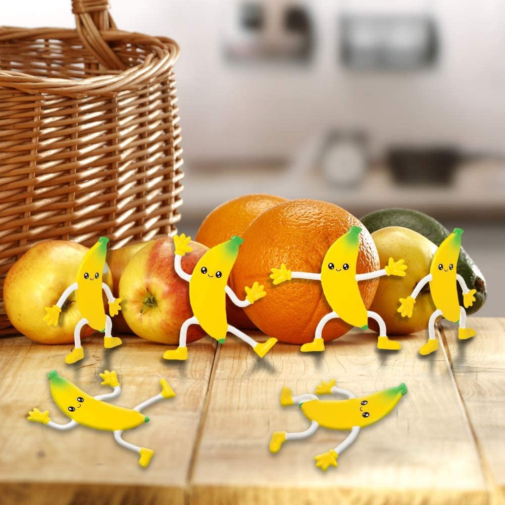 Bendable Banana Figures, Set of 12 Novelty Fruit Shaped Bendy Figurines, Stress Relief Fidget Toys for Kids, Birthday Party Favors, Goodie Bag Stuffers, Piñata Fillers for Boys and Girls