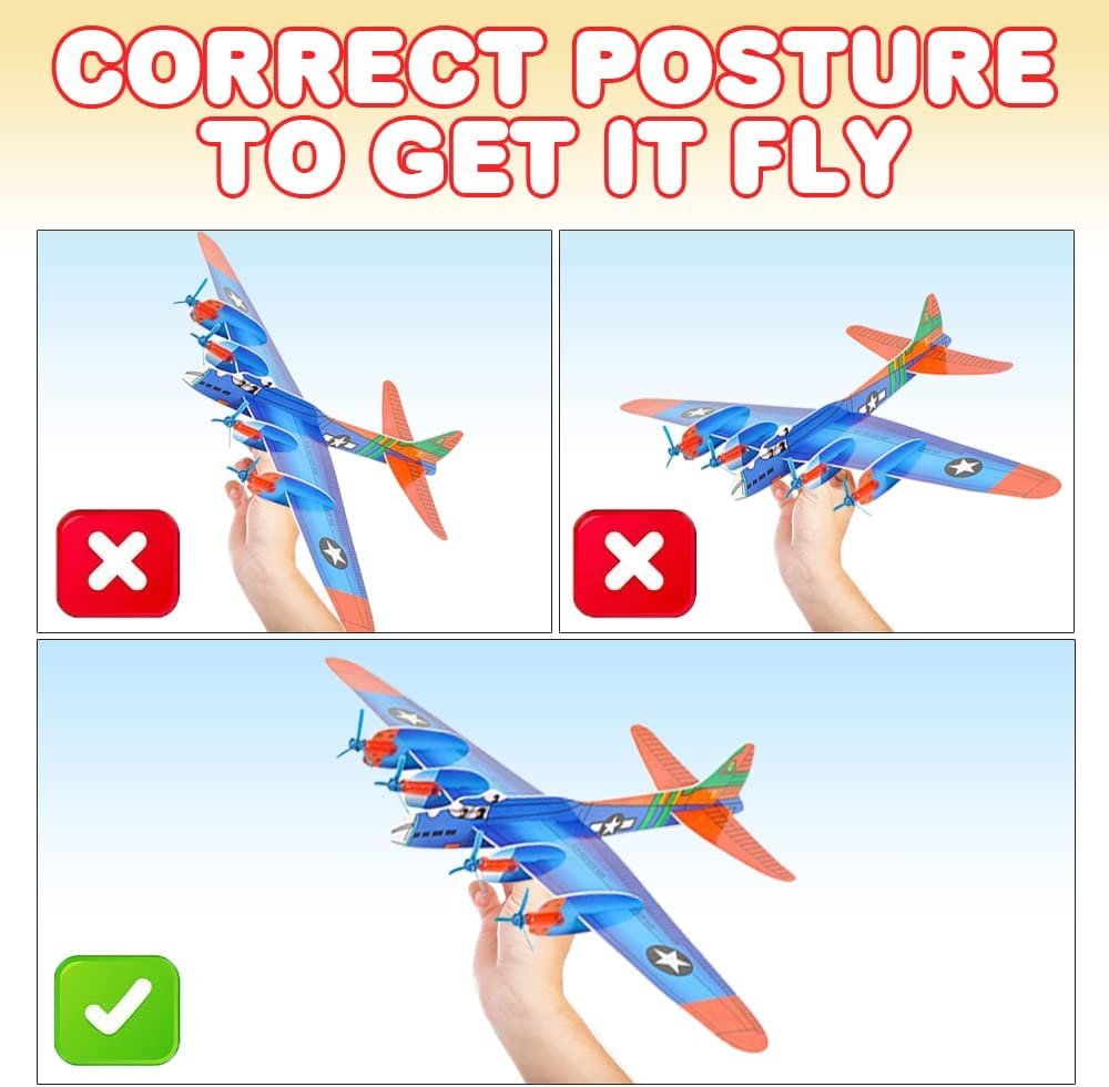 Giant Bomber Foam Glider Planes for Kids, Set of 6, Gliding Airplane Toys for Kids, Colorful Flying Toys for Boys and Girls, Aviation Party Favors, and Outdoor Toys for Active Play