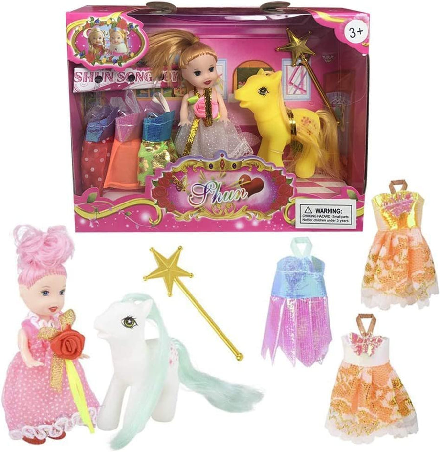 Princess Pony Doll Play Set for Girls, Cute Playset with Doll, Horse, 4 Dresses, and Magic Wand, Durable Princess Pretend Play Toys, Best Holiday and Birthday Gift for Girls