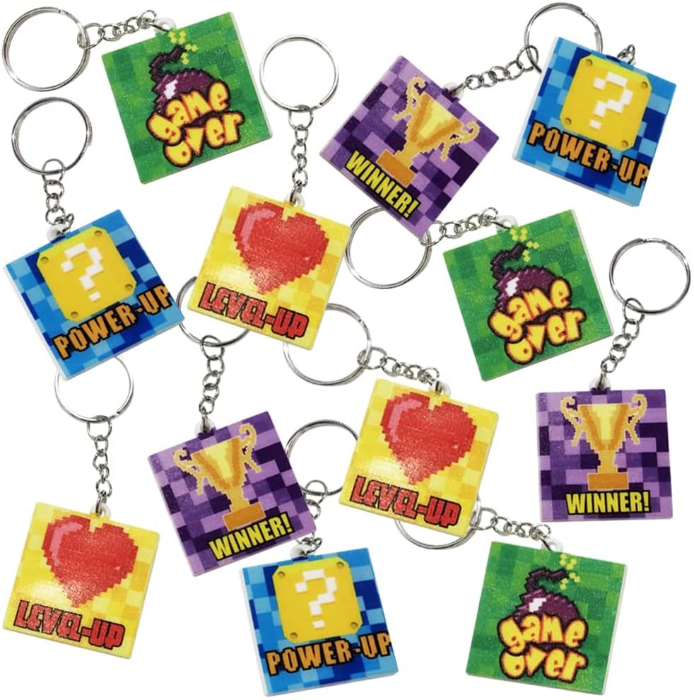 ArtCreativity Power Up Keychains, Set of 12, Game Themed Keychains for Kids in Assorted Designs, Video Game Party Supplies and Game Gifts, Superhero and Video Game