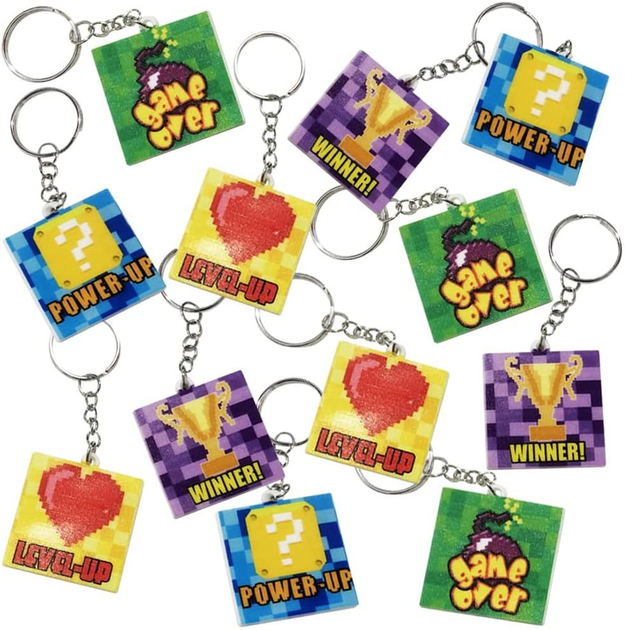 Power Up Keychains, Set of 12, Game Themed Keychains for Kids in Assorted Designs, Video Game Party Supplies and Game Gifts, Superhero and Video Game Party Favors for Boys and Girls