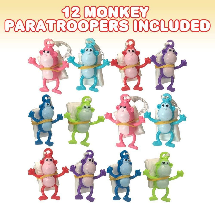 Mini Monkey Paratroopers with Parachutes, Pack of 12, Vinyl Parachute Toys in Assorted Colors, Durable Plastic Guys Playset, Fun Zoo Animal Themed Party Favors for Boys and Girls
