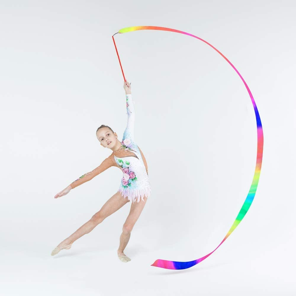 Rainbow Dance Ribbon Streamers for Kids, Set of 2, Twirling Ribbons for Dancing, Marching Band, Exercise, Pretend Play, Gymnastics Party Favors, Dance Party Decorations