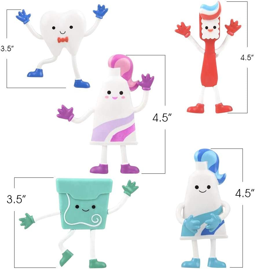 Dental Bendable Assortment, Set of 5 Flexible Figurines, Stress Relief Fidget Toys, Goodie Bag Stuffers, Piñata Fillers, Party Favors for Kids, Dental Toys Giveaways