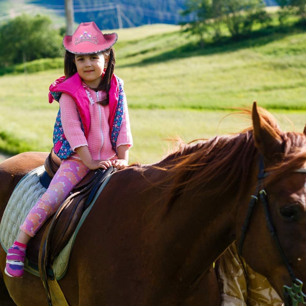 Light-Up Pink Cowboy Hat for Girls - Sparkly Cowgirl Hat with Sequins and a Dazzling LED Tiara - Cute Cowgirl Birthday Party Hat for Girls - Fun Shiny Cowgirl Costume Accessory