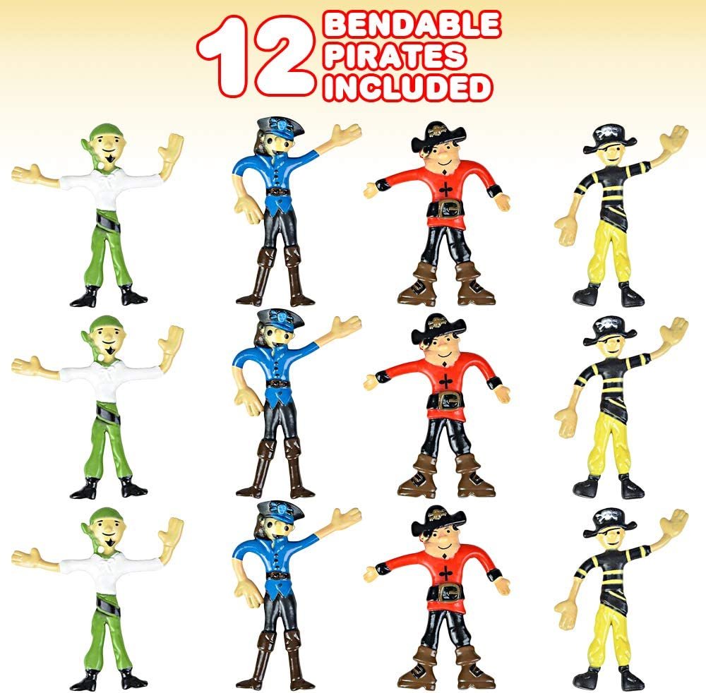 Bendable Pirate Figures, Set of 12 Flexible Men, Birthday Party Favors for Boys and Girls, Stress Relief Fidget Toys for Kids and Adults, Goody Bag Stuffers, Piñata Fillers