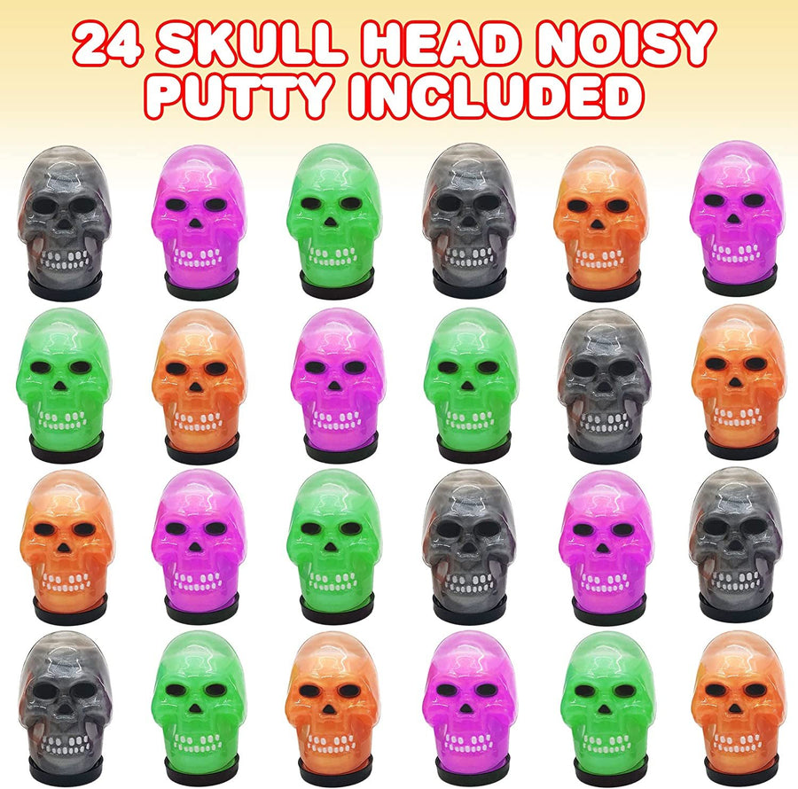 Skull Head Noisy Putty Halloween Toys, Set of 24, Non-Candy Trick or Treat Supplies for Kids, Great as Halloween Party Favors, Halloween Goodie Bag Fillers, and Prank Toys, 4 Colors