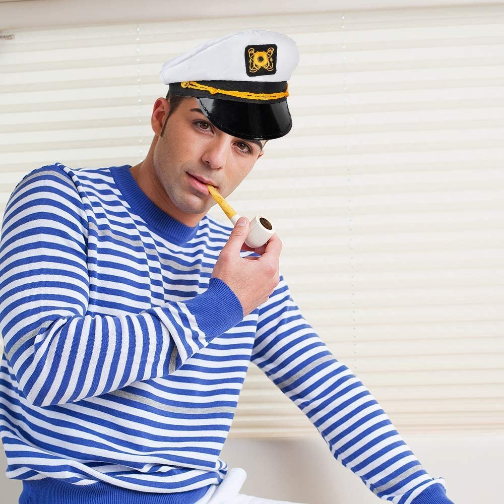 Captain’s Hat for Men, Women, and Kids - Pack of 2 - Classic White Hats for Captain, Naval Officer or Pilot Costume, Cotton with Gold Embroidery, Naval Theme Party Favors