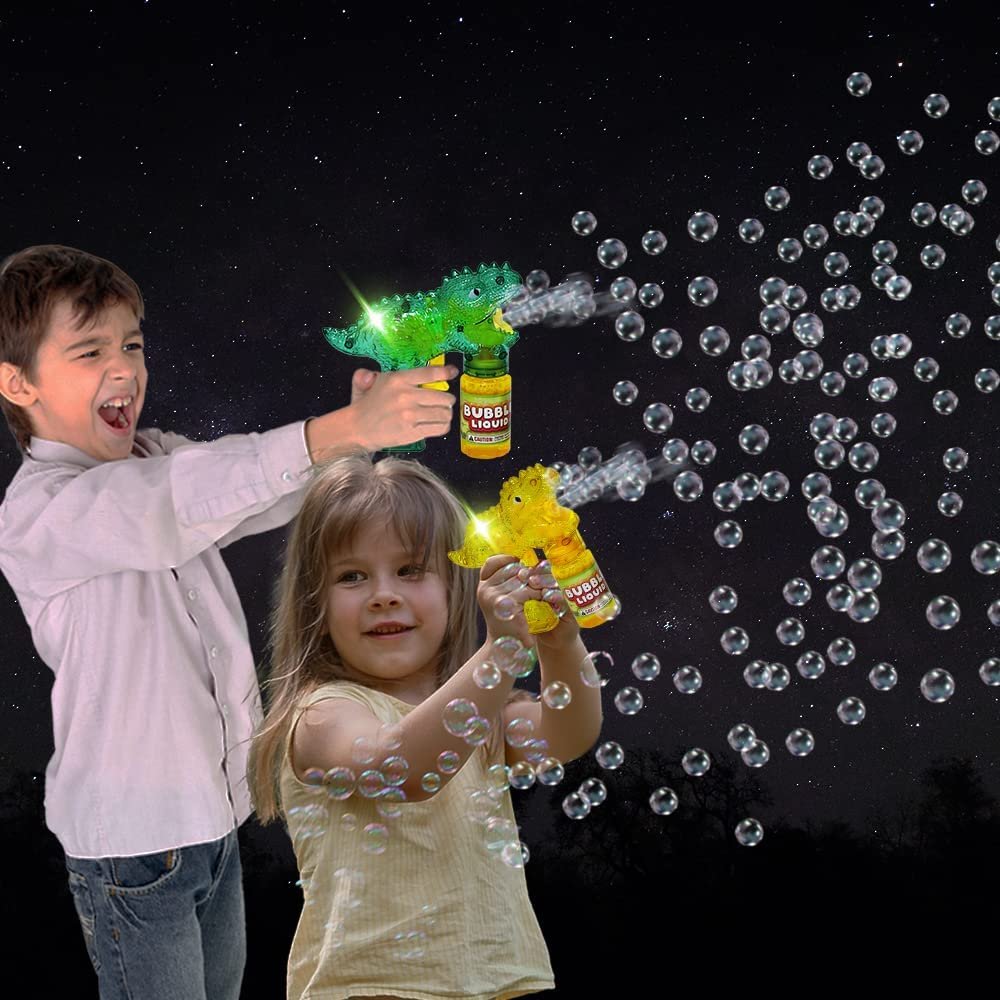 Bubbland Dinosaur Friction Powered LED Bubble Blasters for Kids, 3 Light Up Bubble Guns and 6 Bottles of Bubble Fluid, Bubble Blowing Toys for Indoor and Outdoor Fun, No Batteries Needed