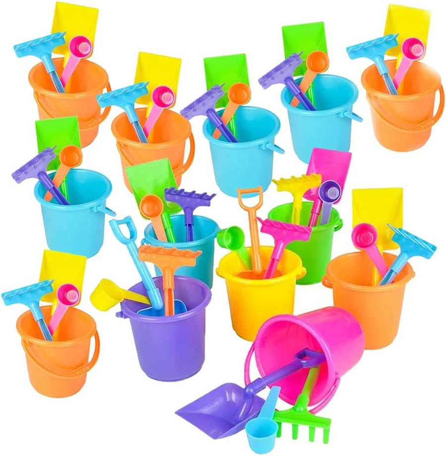 4 PC Mini Beach Playsets - Set of 12 - Each Play Set Includes 1 Sand Bucket, 1 Shovel, 1 Rake, and 1 Scoop - Birthday Treats for Boys and Girls Party Favors for Kids and Toddlers