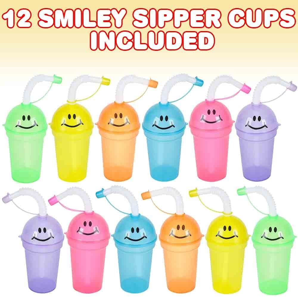 Smile Face Sipper Cups with Straws & Lids, Set of 12, Fun Assorted Colors, 7 oz Plastic Party Sipper Cups for Kids, Neon Party Favors for Children, Birthday Supplies & Goodie Bag Fillers