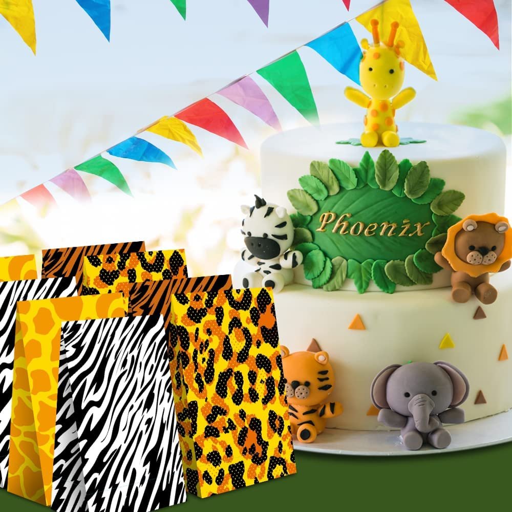 Safari Theme Party Favor Bags - Pack of 12 - Animal Print Goody Gift Bags with 4 Designs - Durable Treat Goodie Bags - Zoo, Jungle Party Supplies for Birthday, Baby Shower