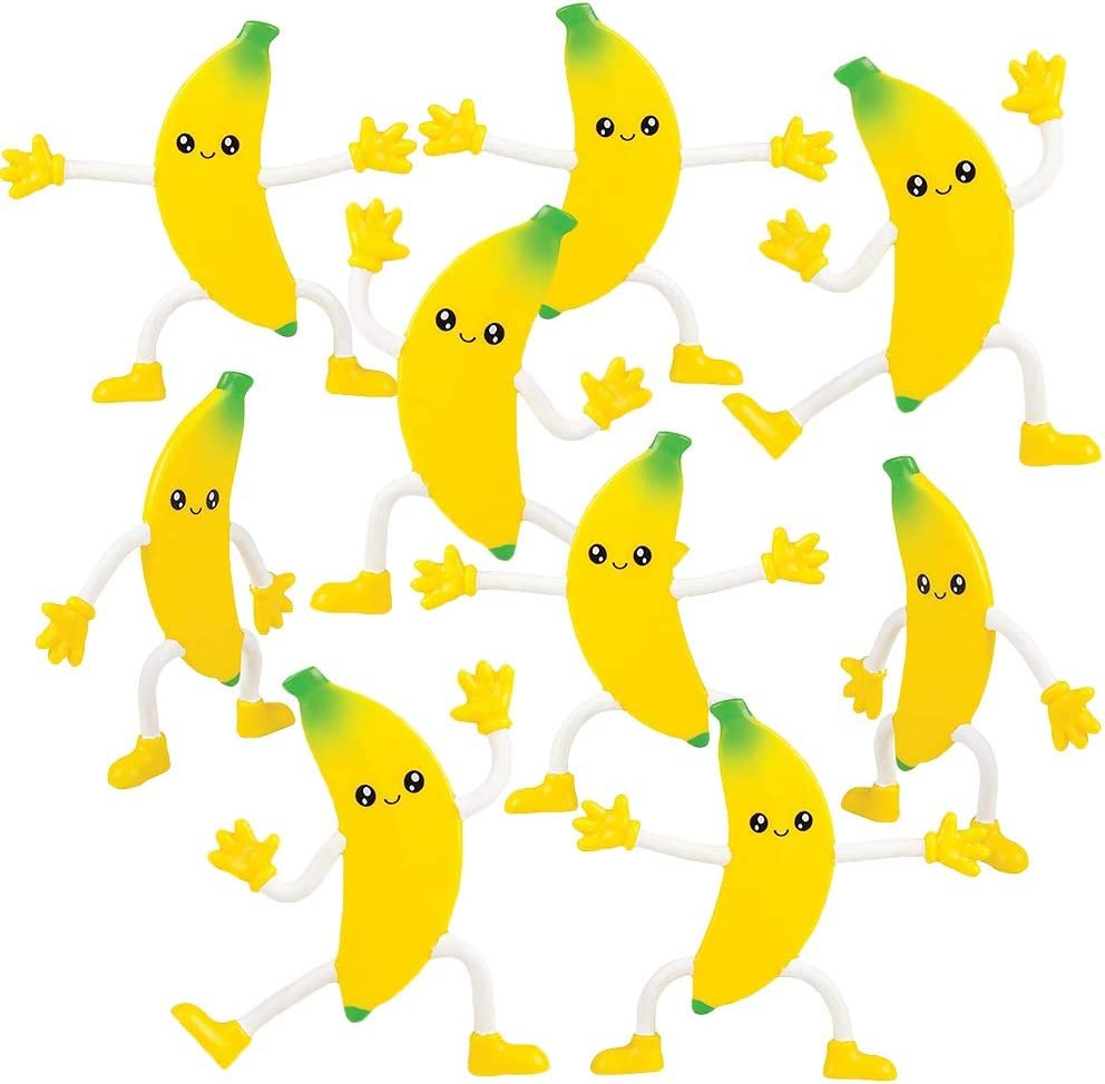 Bendable Banana Figures, Set of 12 Novelty Fruit Shaped Bendy Figurines, Stress Relief Fidget Toys for Kids, Birthday Party Favors, Goodie Bag Stuffers, Piñata Fillers for Boys and Girls