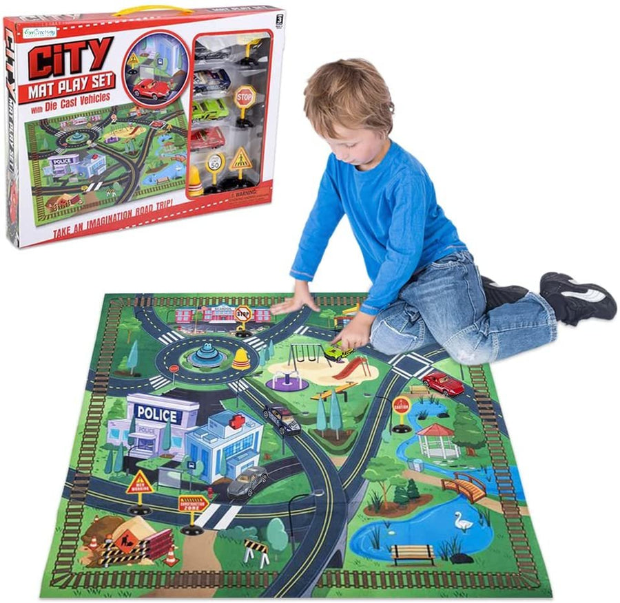 Diecast Car Set with Play Mat, Includes 4 Diecast Metal Toy Cars, 1 Play Rug, and 5 Traffic Signs, Race Car Birthday Party Supplies and Playroom Decorations, Colorful Race Car Toys