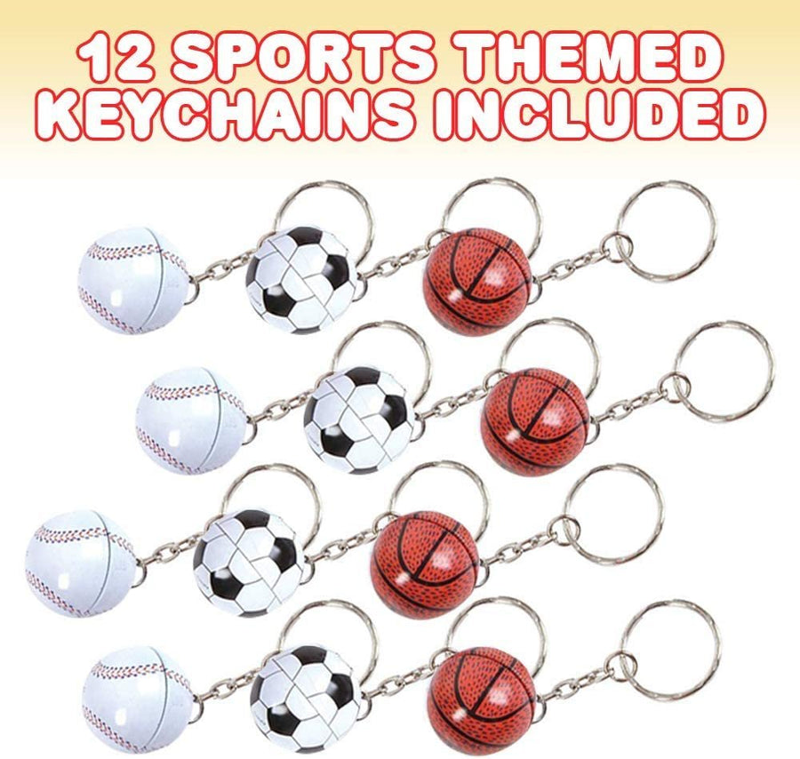 Metal Sports Ball Keychains, Set of 12, Fun Keychains for Backpack, Purse, Luggage, Sports Themed Party Favors, Goodie Bag Fillers for Boys and Girls