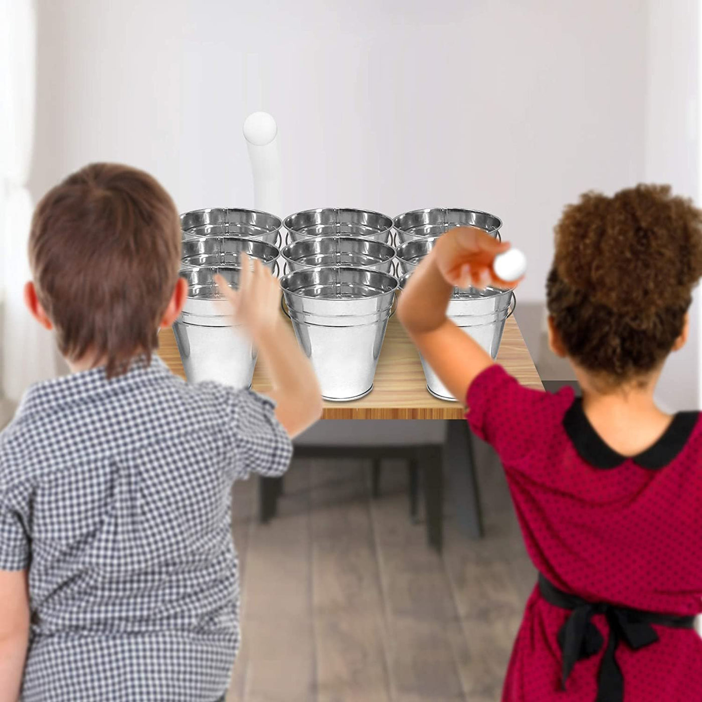 Gamie Bucket Ping Pong Ball Game Includes 9 Metal Buckets, 12 Balls, and 1 Number Sticker Sheet - Fun Party Activity for Kids and Adults, Great Gift Idea for Kids