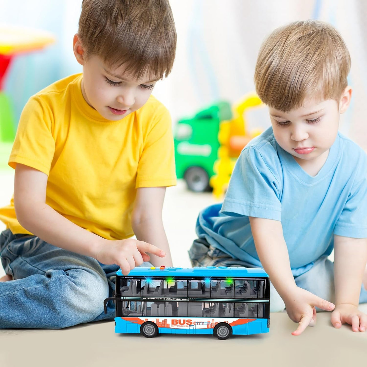 Die Cast Double Decker Bus Toy with Lights & Sounds - Friction Powered Bus Toy for Kids with Indoor Ceiling Lights and 4 Different Sounds - Doors Open - Gift for Kids Ages 3-8