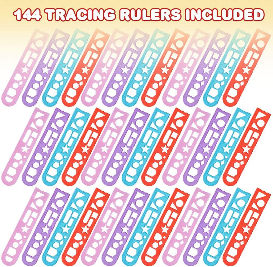 Shape Tracing Rulers for Kids, Set of 144, Plastic Tracer Drawing Tools, Fun Color Assortment, Stationery Birthday Party Favors, Back to School Gifts, and Classroom Teacher Rewards