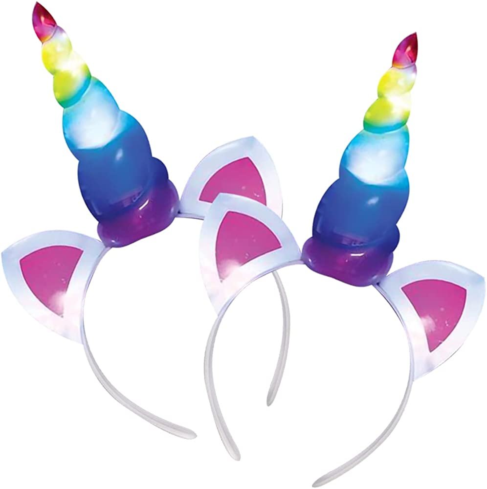 ArtCreativity Light Up Rainbow Unicorn Headbands for Girls, Set of 2, Birthday Girl Headband with Flashing Horn, Unicorn Party Supplies and Decorations, Unicorn