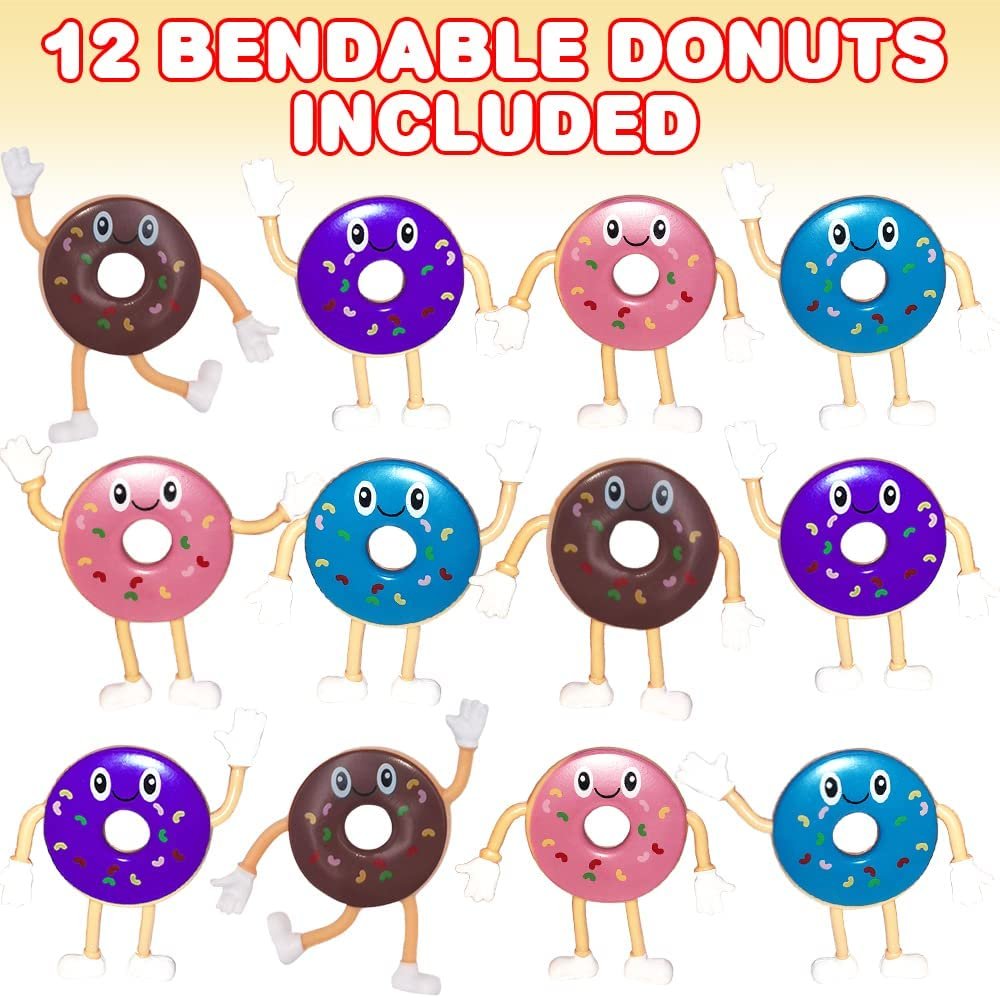 Bendable Donut Figures, Set of 12, Bendable Toys for Kids, Donut Party Favors for Boys and Girls, Stress Relief Fidget Toys for Kids, Goodie Bag Stuffers, and Pinata Fillers